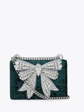 Kurt Geiger Emerald Green Velvet Shoulder Bag With XL Crystal Embedded Bow